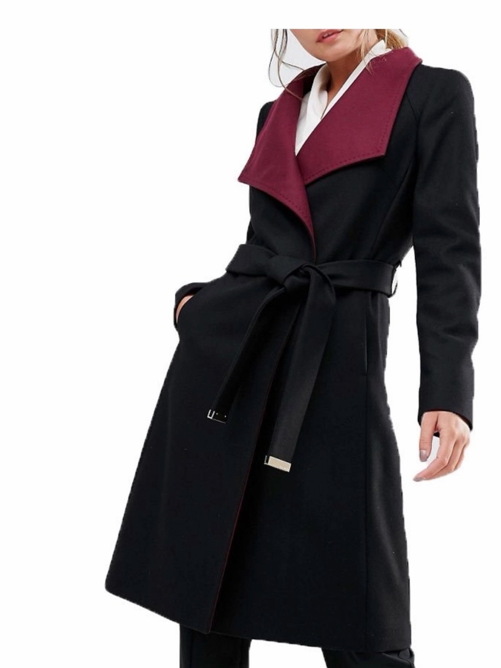Ted Baker Black Trench Coat with Burgundy Collar and Tie Belt